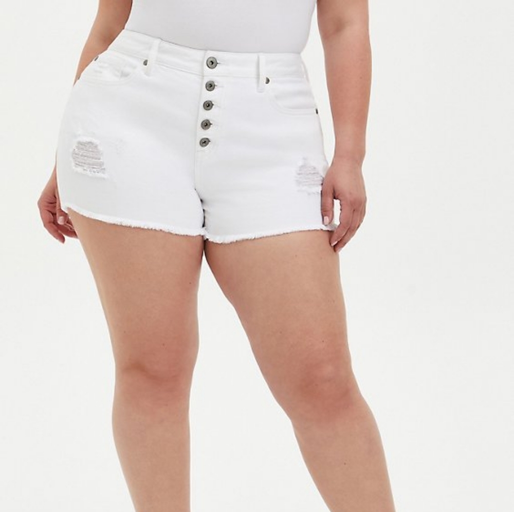 Torrid plus vintage stretch denim high rise distressed shorts, 26/ 49", …
